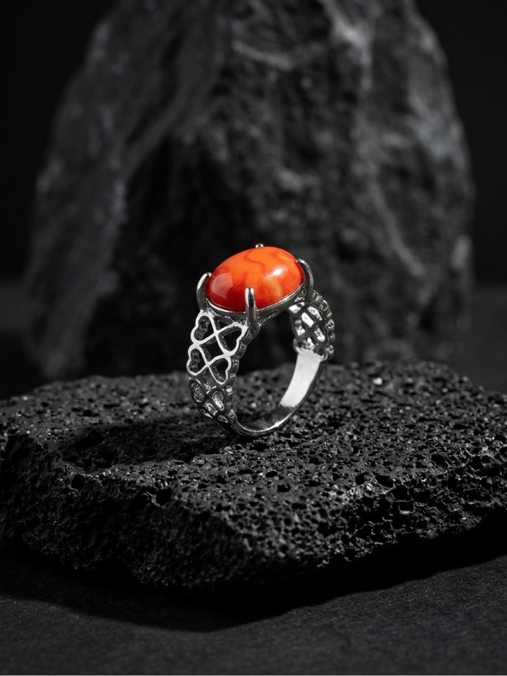 Gemstone Orange and Silver Heart Design Band Statement Ring - Women Jewelry - Picture 1 of 7